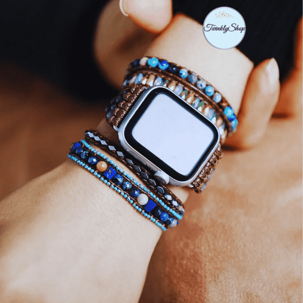 5 Wraps Apple Watch Bracelet Jaspe, Jade, Cristal de Labradorite & Cordon vegan