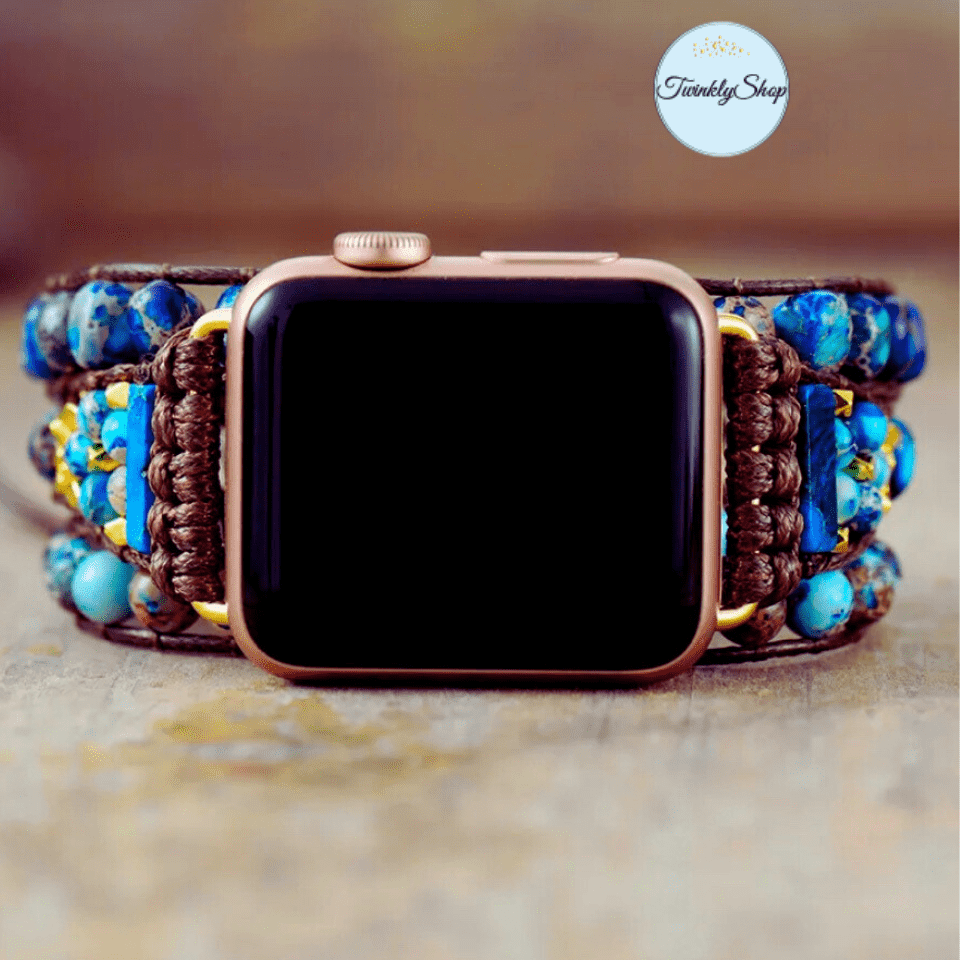 3 Wraps Apple Watch Bracelet Jaspe Bleu & Cordon vegan