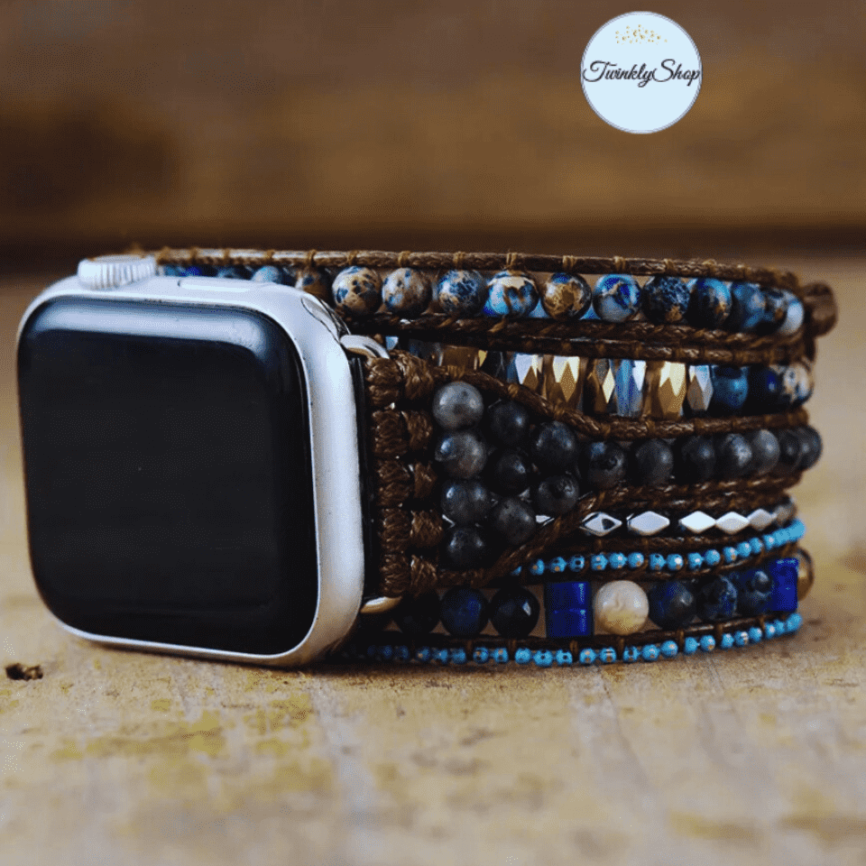 5 Wraps Apple Watch Bracelet Jaspe, Jade, Cristal de Labradorite & Cordon vegan