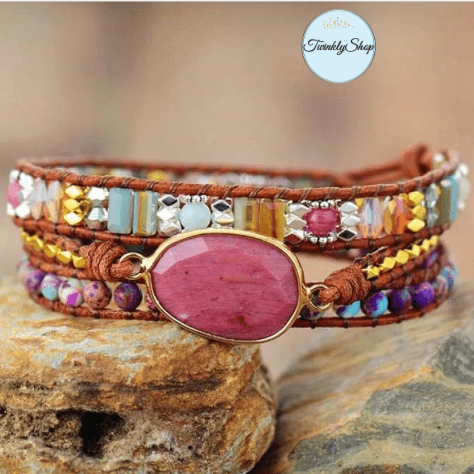 Wrap Bracelet, de 3 tours, tressé à la main en cuir Naturel et de Pierres Naturelles semi-précieuses & Fantaisies