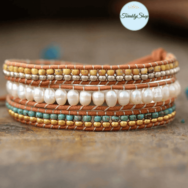 Wrap Bracelet, de 3 tours, tressé à la main en Véritable Cuir Naturel et de Perles d'Eau Douce