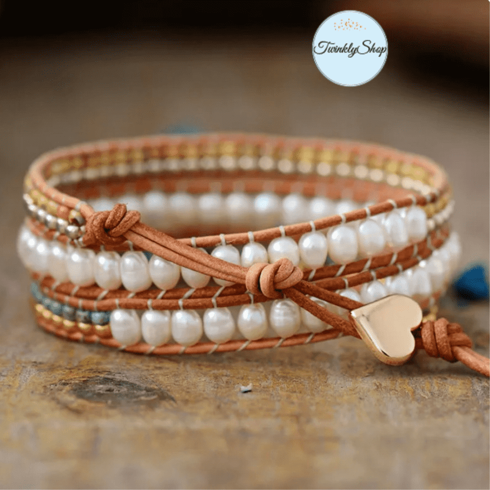 Wrap Bracelet, de 3 tours, tressé à la main en Véritable Cuir Naturel et de Perles d'Eau Douce