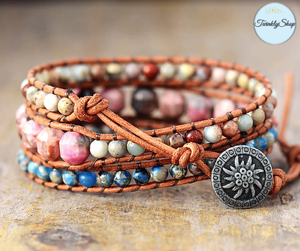 Wrap Bracelet, de 3 tours, tressé à la main en cuir Véritable et de Pierres Naturelles semi-précieuses Rhodonite facetté et  jaspe