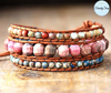 Wrap Bracelet, de 3 tours, tressé à la main en cuir Véritable et de Pierres Naturelles semi-précieuses Rhodonite facetté et jaspe