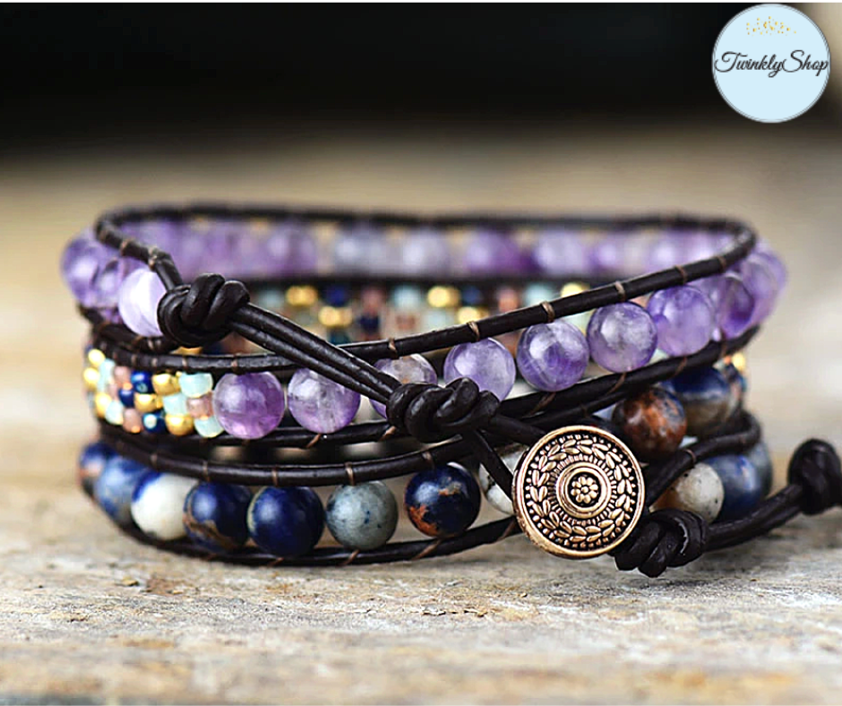 Wrap Bracelet, de 3 tours, tressé à la main en cuir Véritable et de Pierres Naturelles semi-précieuses & Fantaisies