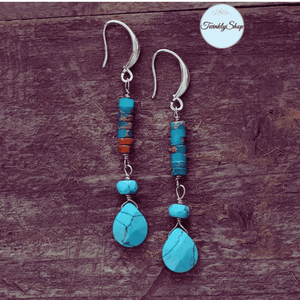 Boucles d'oreilles argentées en Pierres Naturelles Semi-Précieuses Turquoise et Jaspe réalisées à la main