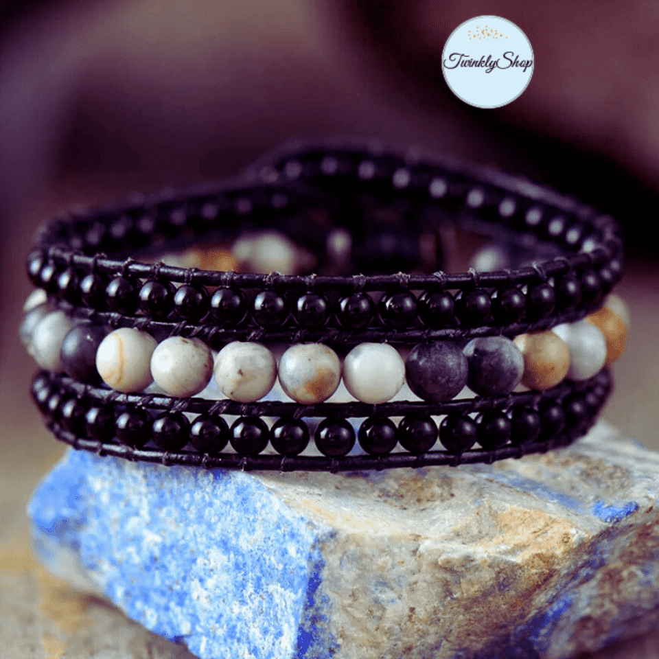 Bracelet  Manchette cuir Noir Onyx noir et jaspe mix