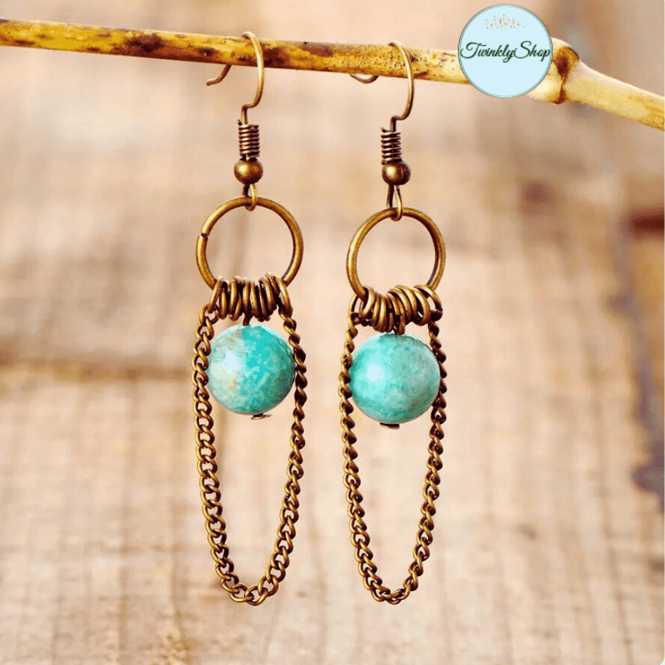 Boucles D'Oreilles Amazonite &. Chaîne Métallique