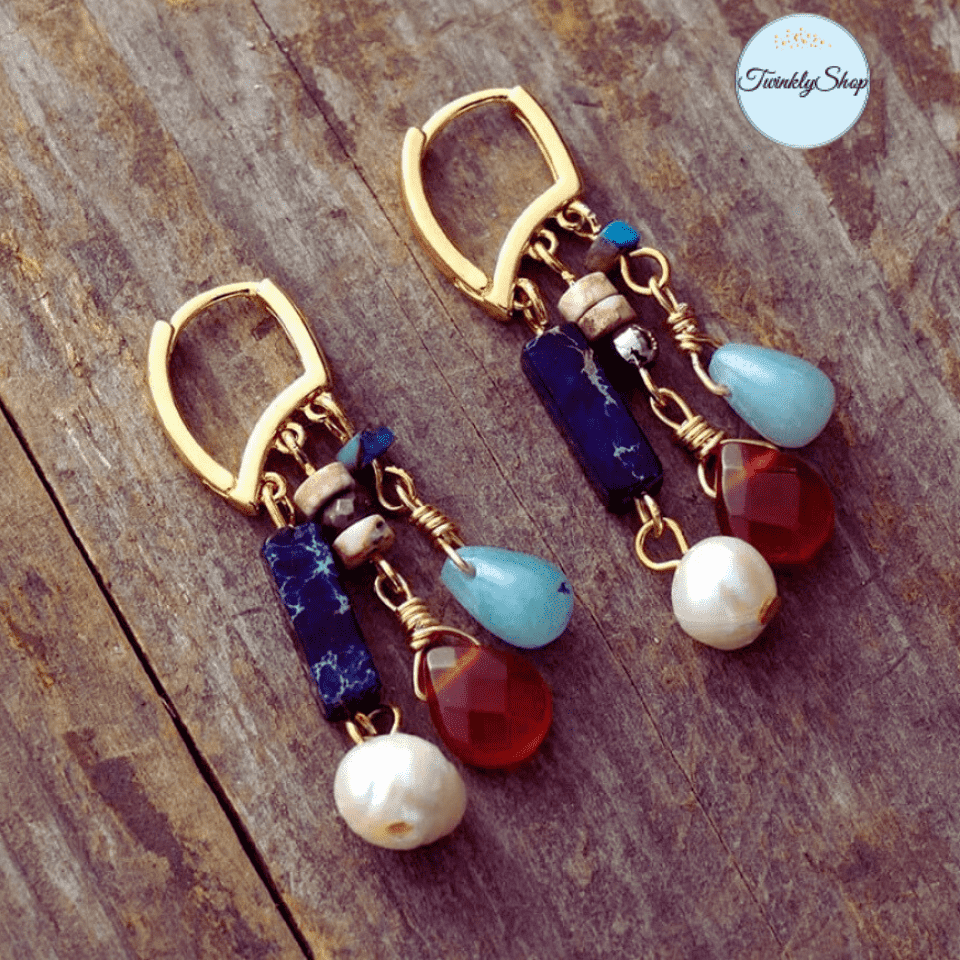 Boucles D'Oreilles Amazonite, Agate, Jaspe & Perle d'Eau Douce