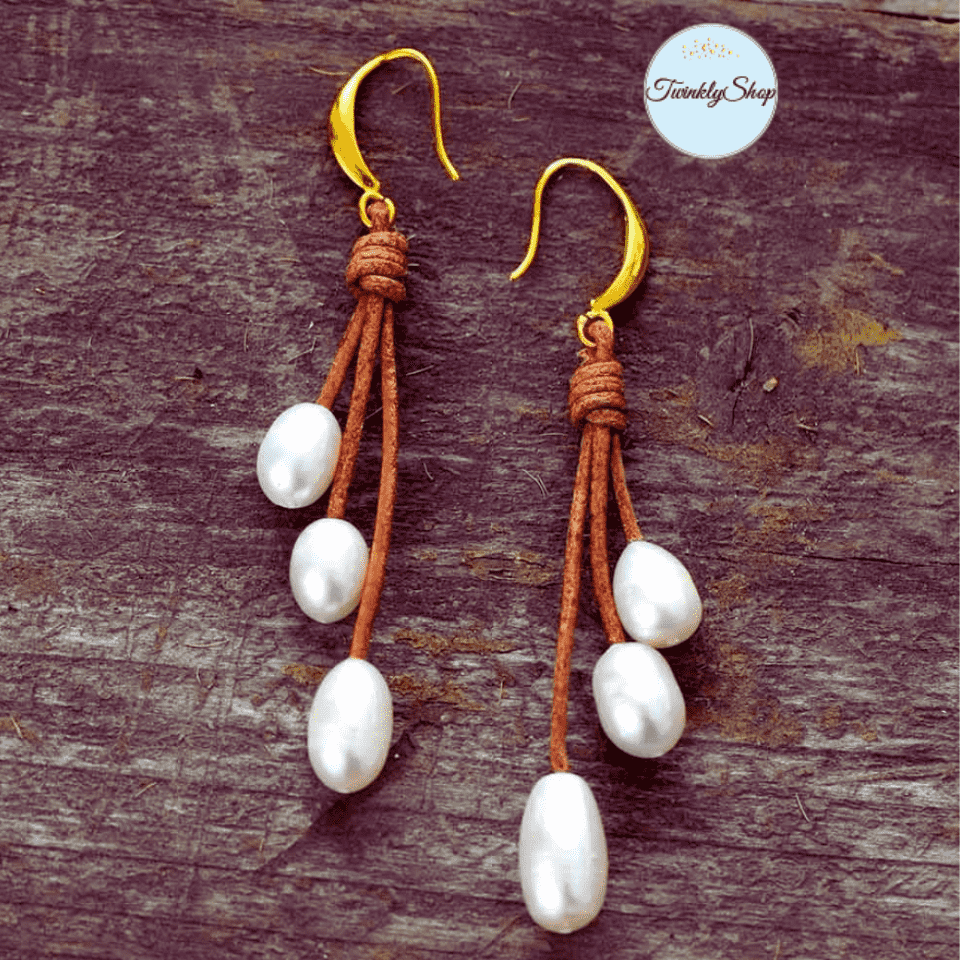 Boucles D'Oreilles Perles d'Eau Douce et Cuir