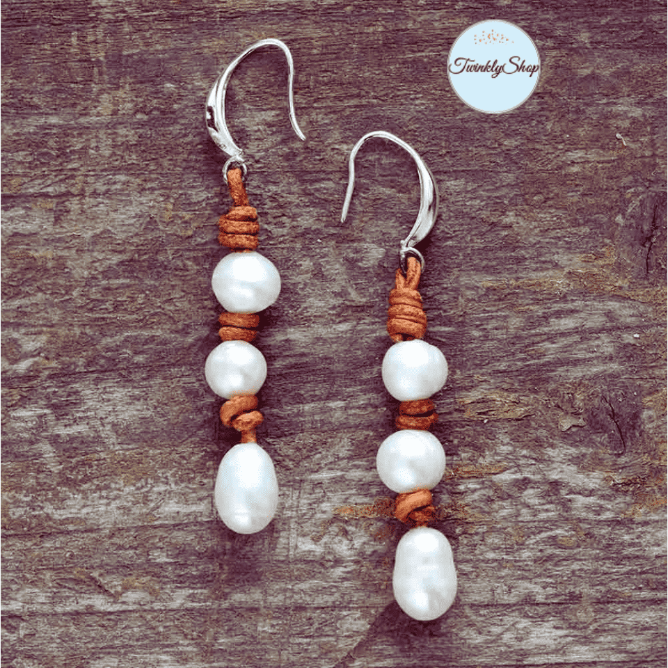 Boucles D'Oreilles Perles d'Eau Douce et Cuir