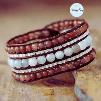 Bracelet Manchette Cuir Jaspe Blanc gris bleu et Marron