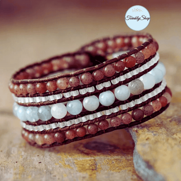 Bracelet Manchette Cuir Jaspe Blanc gris bleu et Marron