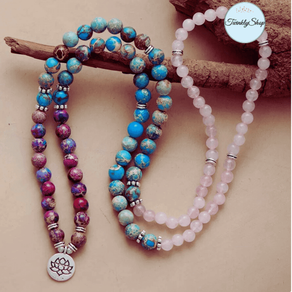 Collier Mala en Jaspe, Quartz Rose & Breloque Lotus