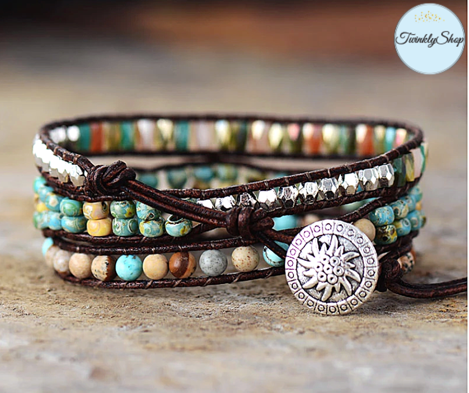 Wrap Bracelet, de 3 tours, tressé à la main en cuir Véritable et de Pierres Naturelles semi-précieuses & Fantaisies