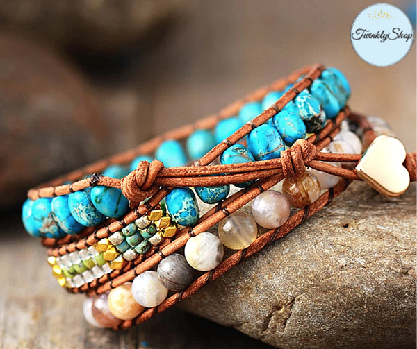 Wrap Bracelet, de 3 tours, tressé à la main en cuir Véritable et de Pierres Naturelles semi-précieuses & Fantaisies