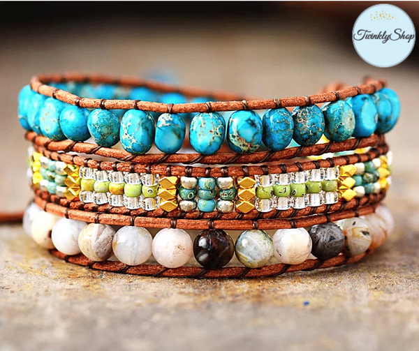 Wrap Bracelet, de 3 tours, tressé à la main en cuir Véritable et de Pierres Naturelles semi-précieuses & Fantaisies