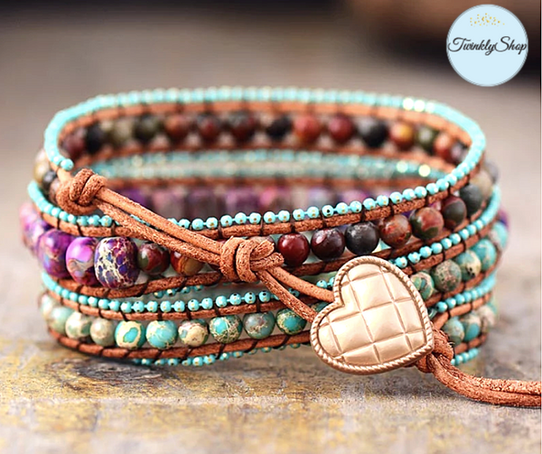 Wrap Bracelet, de 3 tours, tressé à la main en cuir Véritable et de Pierres Naturelles semi-précieuses & Fantaisies