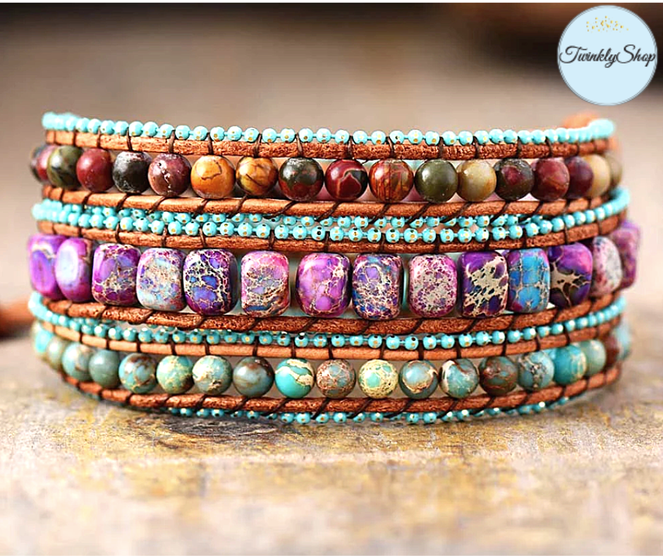 Wrap Bracelet, de 3 tours, tressé à la main en cuir Véritable et de Pierres Naturelles semi-précieuses & Fantaisies