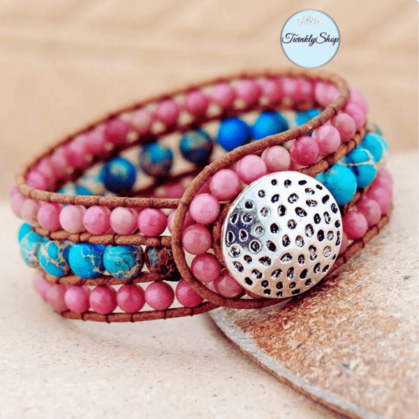 Bracelet Manchette Cuir jaspe Bleu et Rose ou jaspe Rose et Bleu