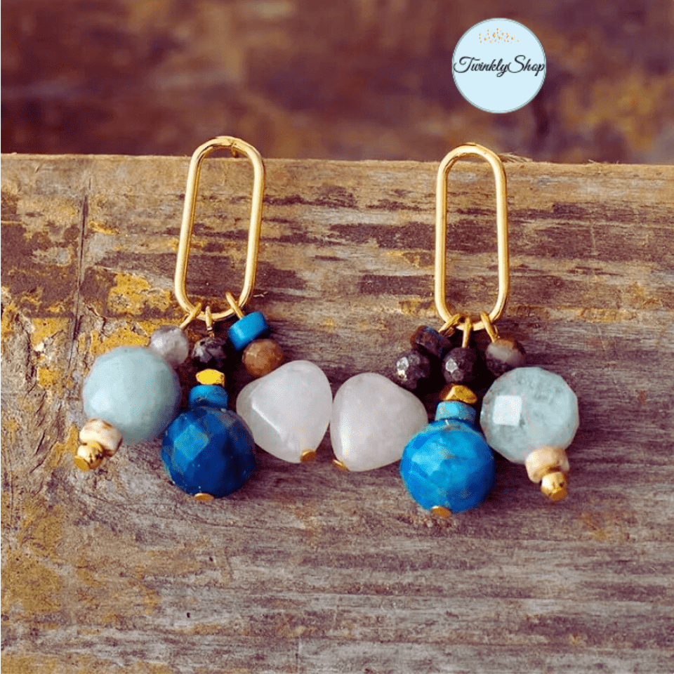 Boucles D'Oreilles Quartz rose, Aigue-Marine & Apatite