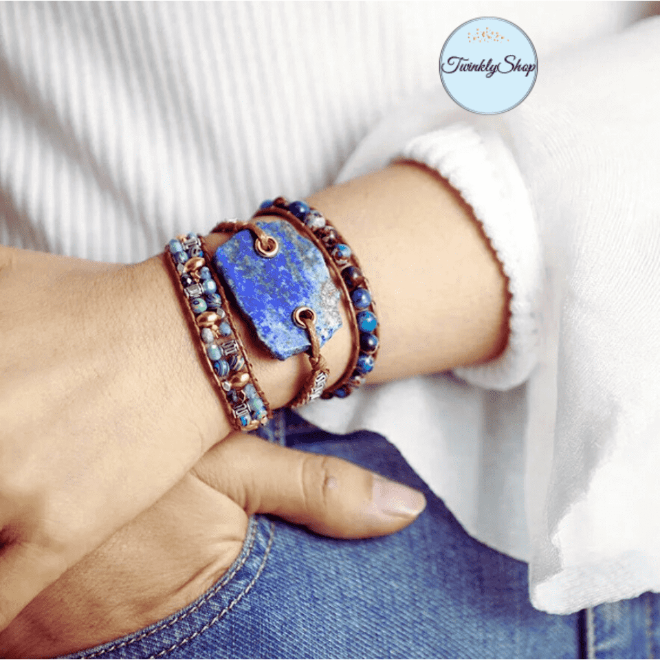 3 Wraps Bracelets en cuir Lapis Lazuli et Perles Fantaisies Cordon Vegan