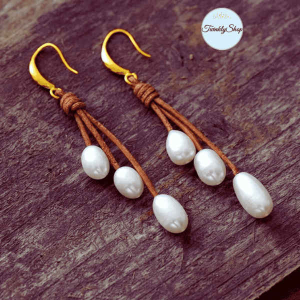 Boucles D'Oreilles Perles d'Eau Douce et Cuir