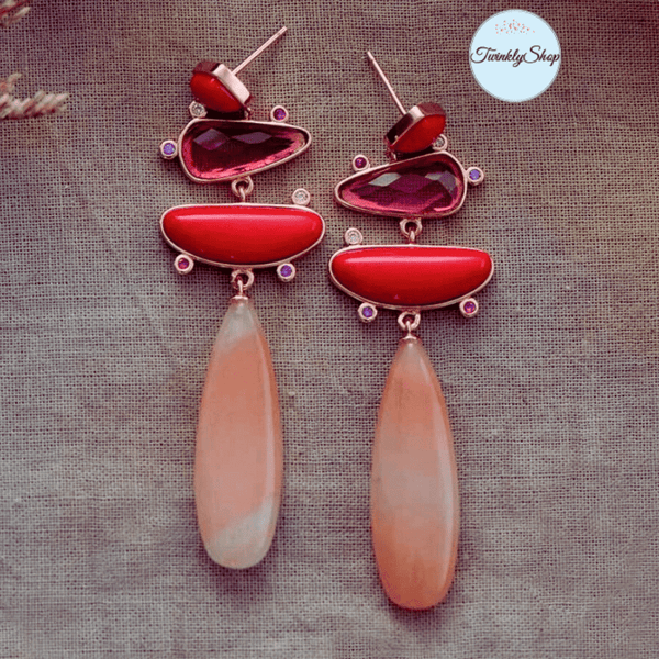 Boucles D'Oreilles Plaquées Or en Jade Rouge