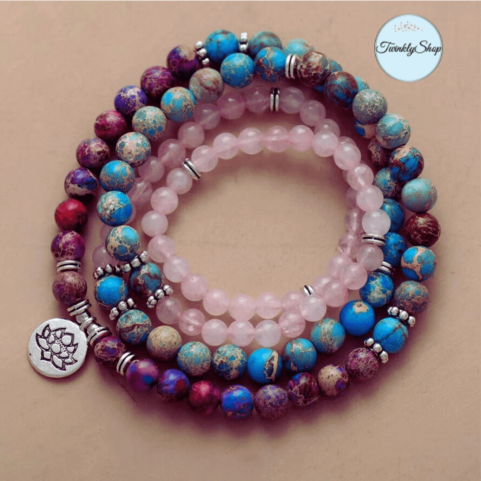 Collier Mala en Jaspe, Quartz Rose & Breloque Lotus