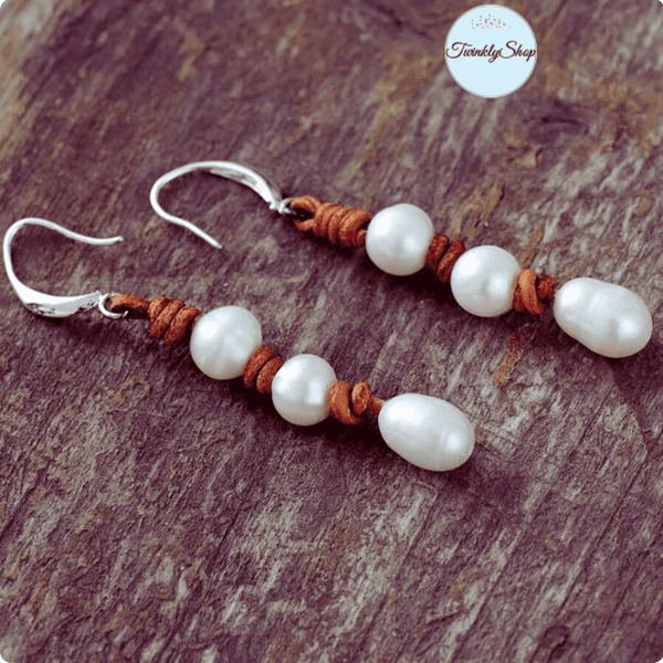 Boucles D'Oreilles Perles d'Eau Douce et Cuir