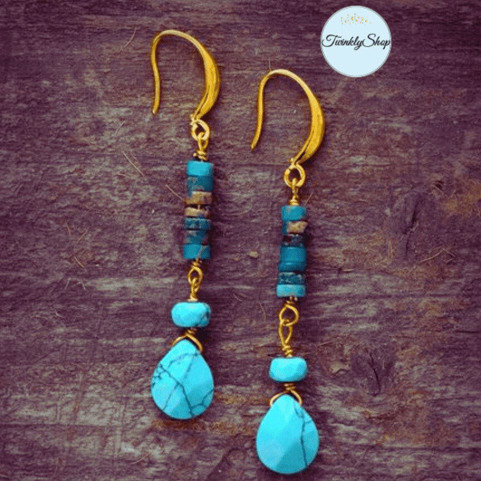 Boucles d'oreilles dorées en Pierres Naturelles Semi-Précieuses Turquoise et Jaspe réalisées à la main