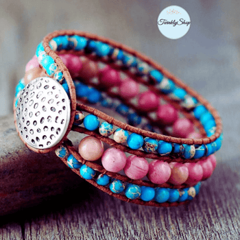 Bracelet Manchette Cuir jaspe Bleu et Rose ou jaspe Rose et Bleu