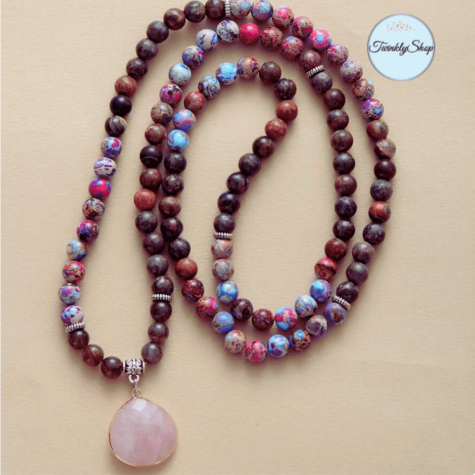 Collier en Jaspe & Cabochon Quartz Rose