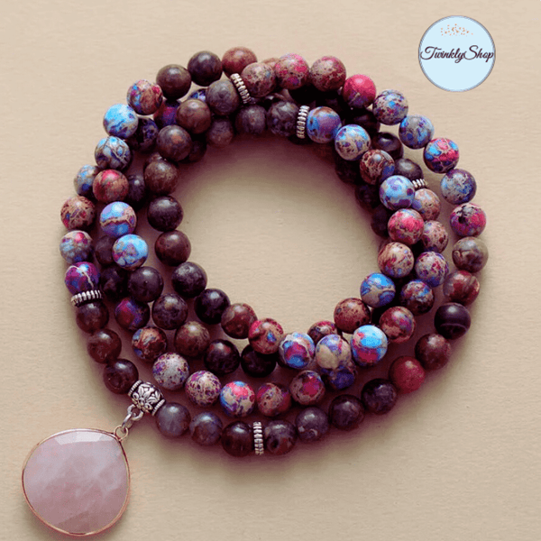 Collier en Jaspe & Cabochon Quartz Rose