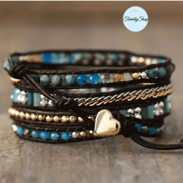 Bracelet Cuir Jaspe, Onyx, Cristal et Perles Métalliques