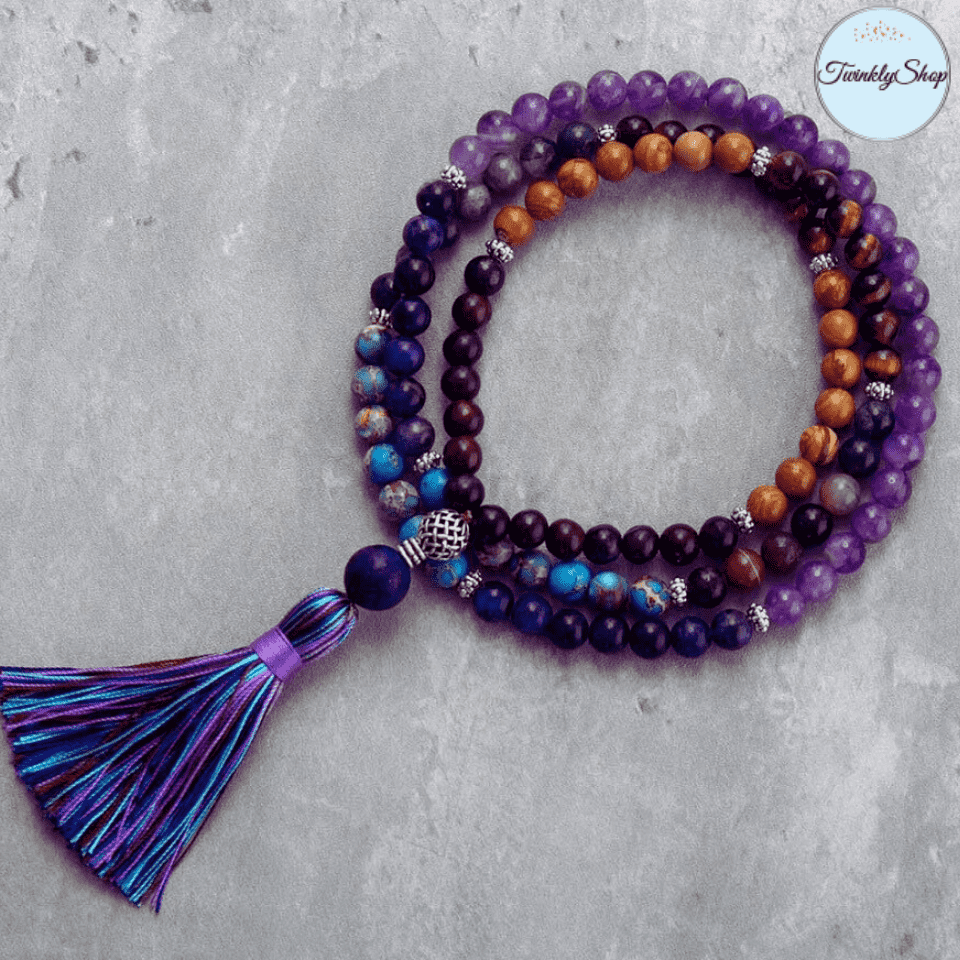 Collier Mala Jaspe, améthyste & Agate