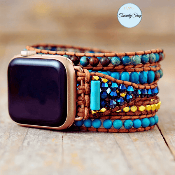 5 Wraps Apple Watch Bracelet Turquoise, jaspe, cristal & Cordon Cuir