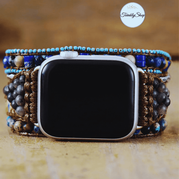 5 Wraps Apple Watch Bracelet Jaspe, Jade, Cristal de Labradorite & Cordon vegan