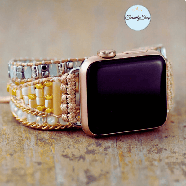 3 Wraps Apple Watch Bracelet Perles de coquillage, Cristal & Cordon vegan