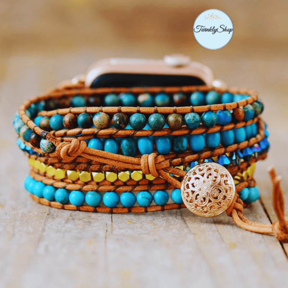 5 Wraps Apple Watch Bracelet Turquoise, jaspe, cristal & Cordon Cuir