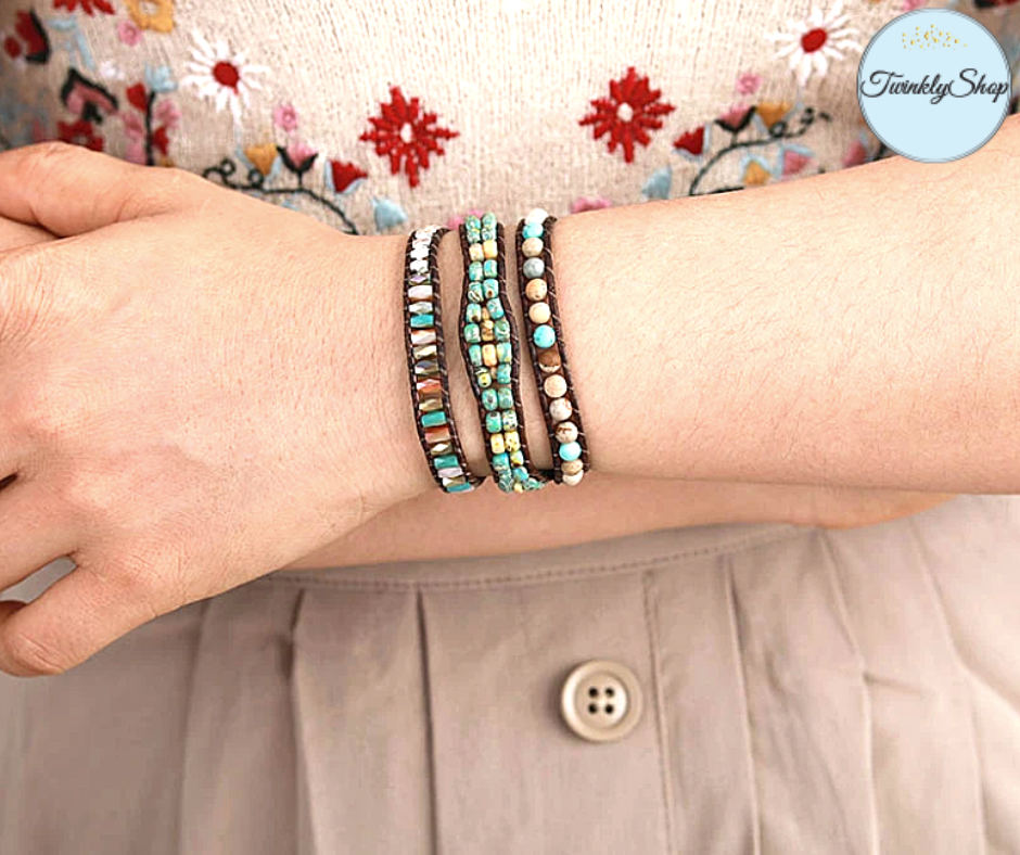 Wrap Bracelet, de 3 tours, tressé à la main en cuir Véritable et de Pierres Naturelles semi-précieuses & Fantaisies