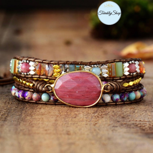 Wrap Bracelet, de 3 tours, tressé à la main en cuir Métallisé et de Pierres Naturelles semi-précieuses & Fantaisies