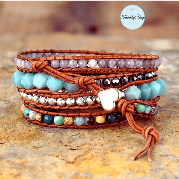 Bracelet Cuir Jaspe, Amazonite et perles de Cristal