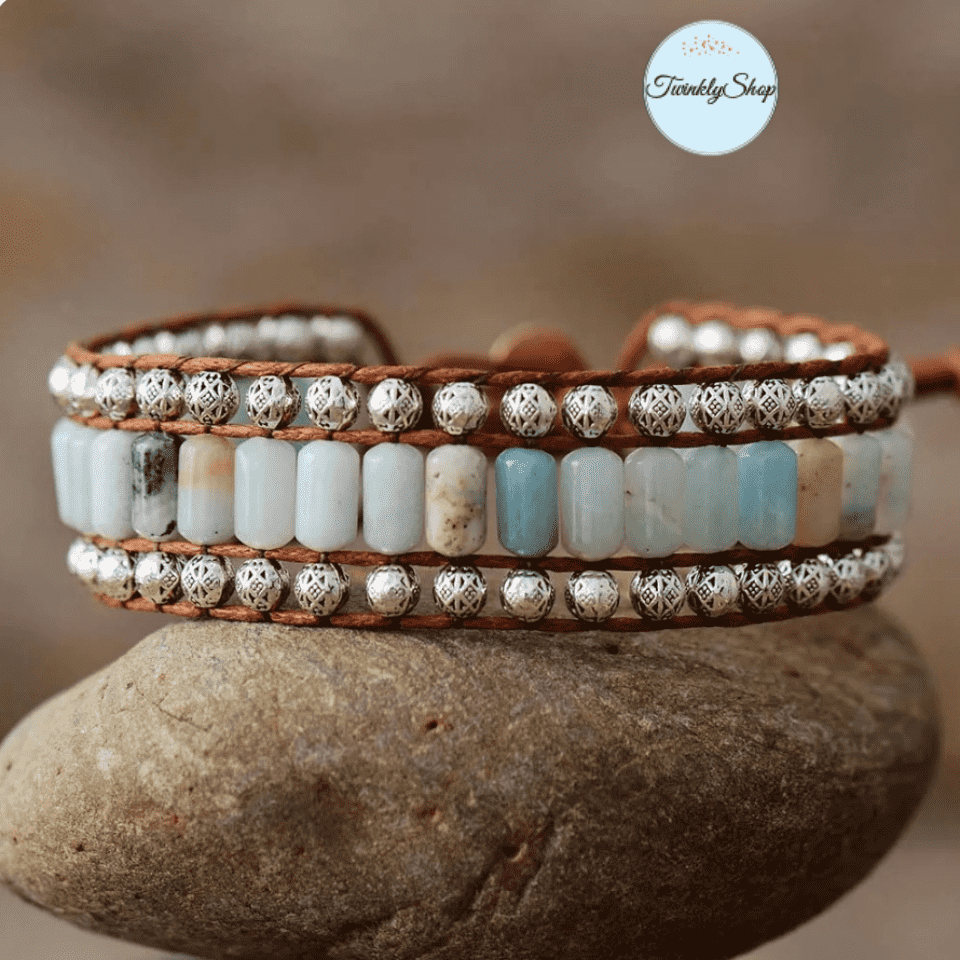 Bracelet Amazonite et Perles Métalliques Cordon Ciré Vegan