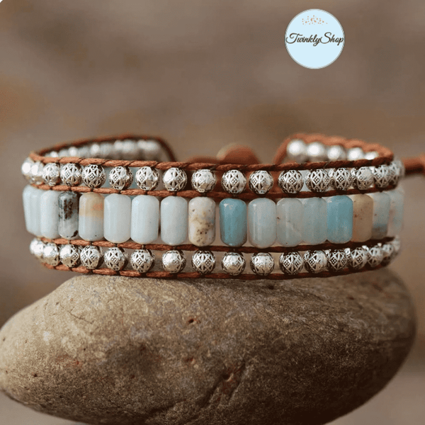 Bracelet Amazonite et Perles Métalliques Cordon Ciré Vegan